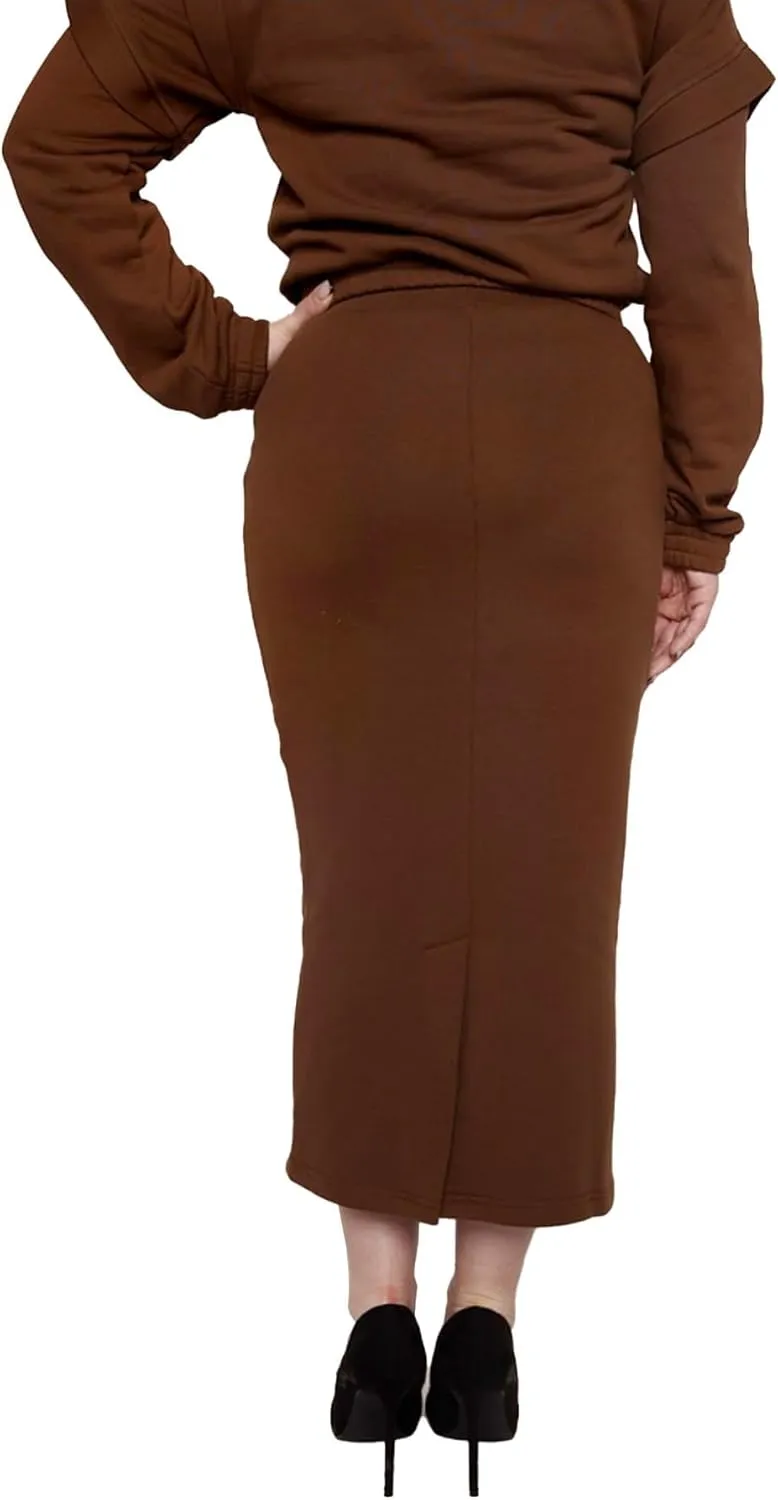 Women's Midi Pencil Skirt with Elastic Waistband, Drawstring and Side Square Pockets