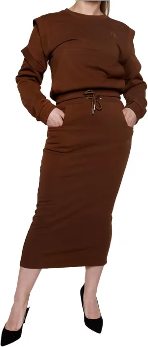 Women's Midi Pencil Skirt with Elastic Waistband, Drawstring and Side Square Pockets