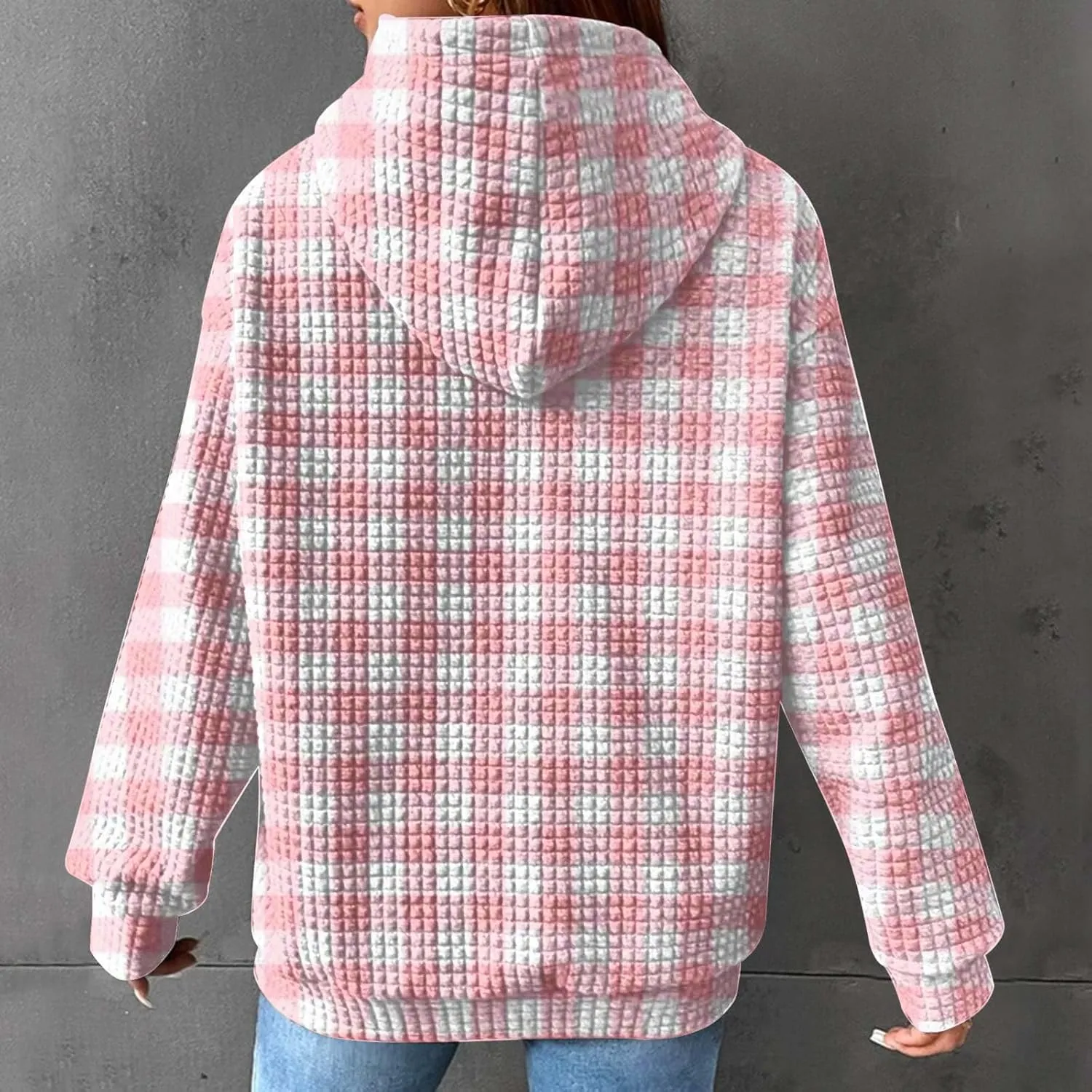 Womens Oversized Crewneck Sweatshirt Hooded Hoodie Long Sleeve Drawstring Waffle Pullover Trendy Shirts With Pocket