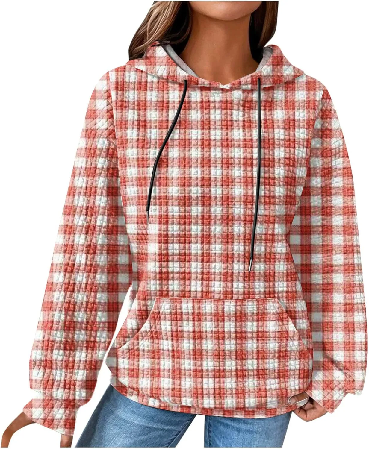 Womens Oversized Crewneck Sweatshirt Hooded Hoodie Long Sleeve Drawstring Waffle Pullover Trendy Shirts With Pocket