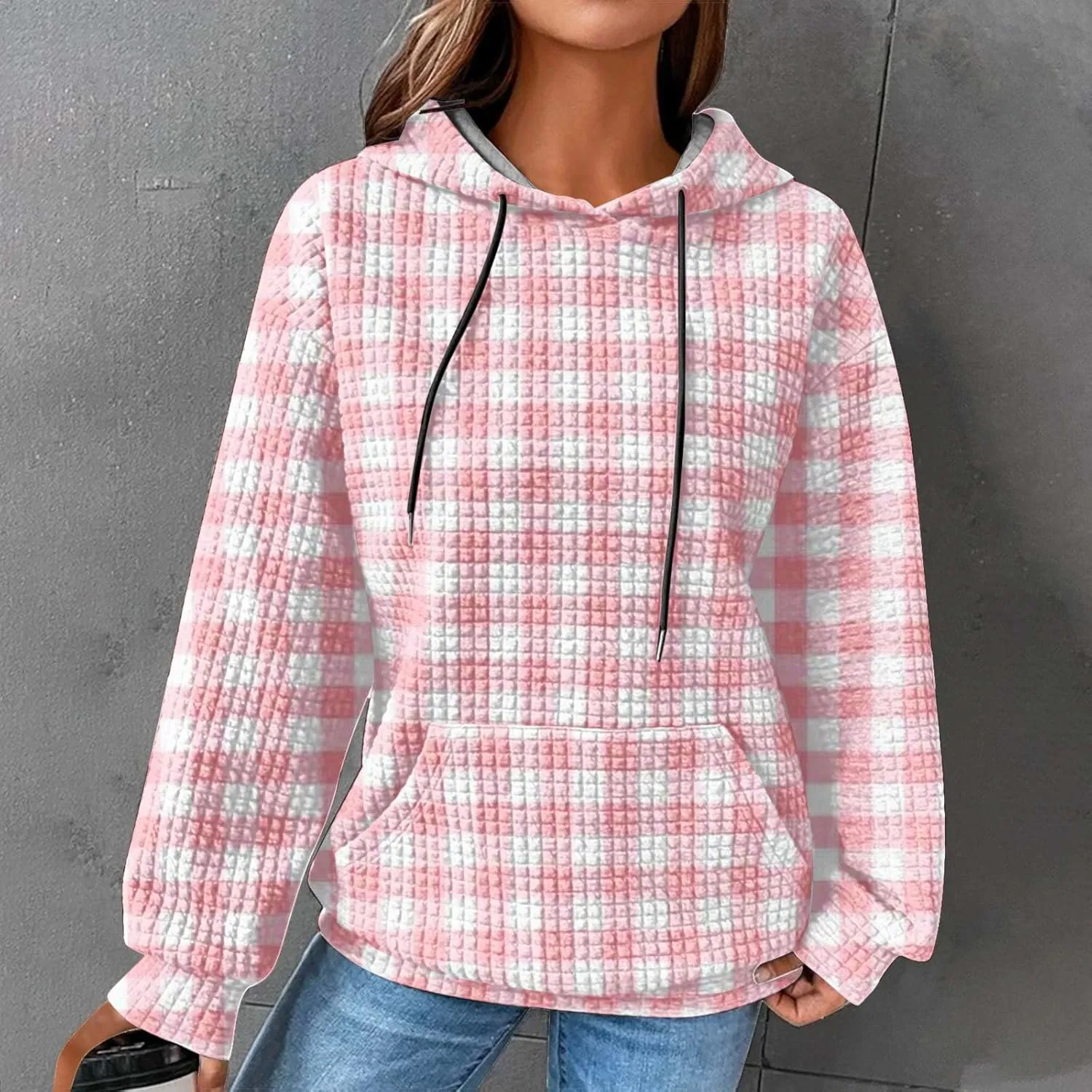 Womens Oversized Crewneck Sweatshirt Hooded Hoodie Long Sleeve Drawstring Waffle Pullover Trendy Shirts With Pocket
