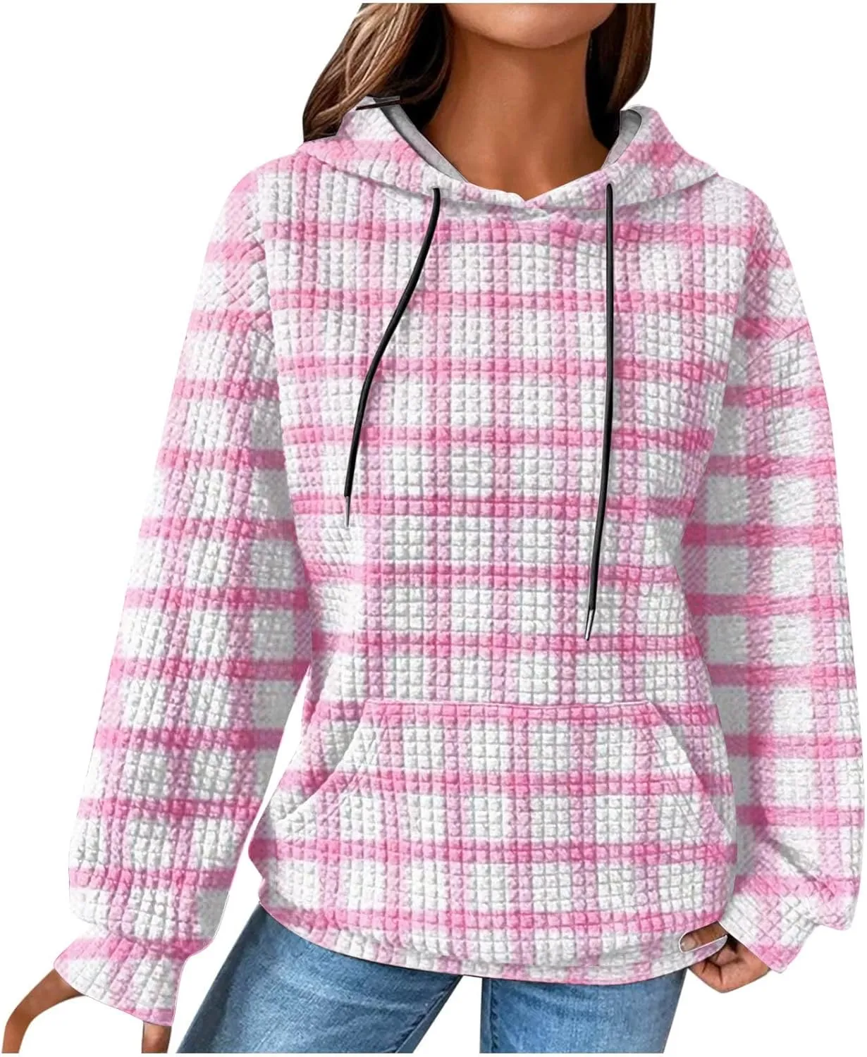 Womens Oversized Crewneck Sweatshirt Hooded Hoodie Long Sleeve Drawstring Waffle Pullover Trendy Shirts With Pocket
