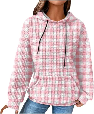 Womens Oversized Crewneck Sweatshirt Hooded Hoodie Long Sleeve Drawstring Waffle Pullover Trendy Shirts With Pocket