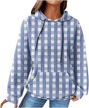 Womens Oversized Crewneck Sweatshirt Hooded Hoodie Long Sleeve Drawstring Waffle Pullover Trendy Shirts With Pocket