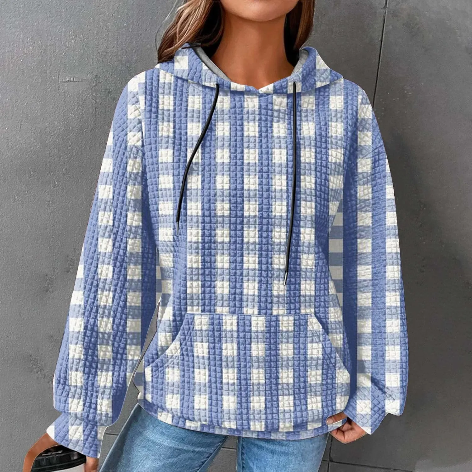 Womens Oversized Crewneck Sweatshirt Hooded Hoodie Long Sleeve Drawstring Waffle Pullover Trendy Shirts With Pocket