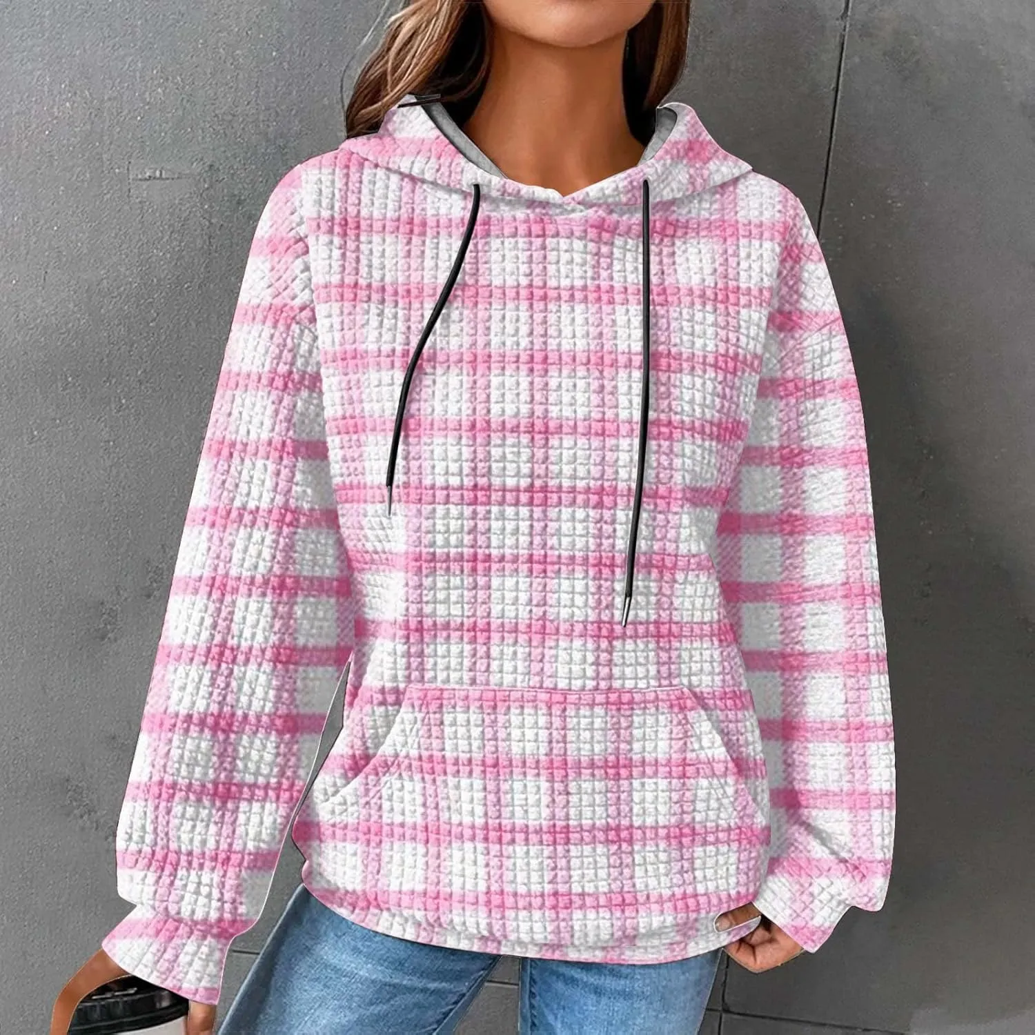Womens Oversized Crewneck Sweatshirt Hooded Hoodie Long Sleeve Drawstring Waffle Pullover Trendy Shirts With Pocket