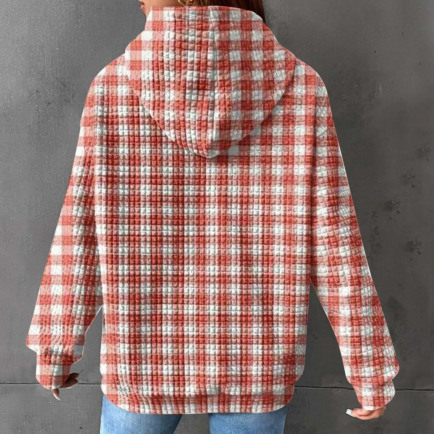 Womens Oversized Crewneck Sweatshirt Hooded Hoodie Long Sleeve Drawstring Waffle Pullover Trendy Shirts With Pocket