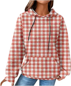 Womens Oversized Crewneck Sweatshirt Hooded Hoodie Long Sleeve Drawstring Waffle Pullover Trendy Shirts With Pocket