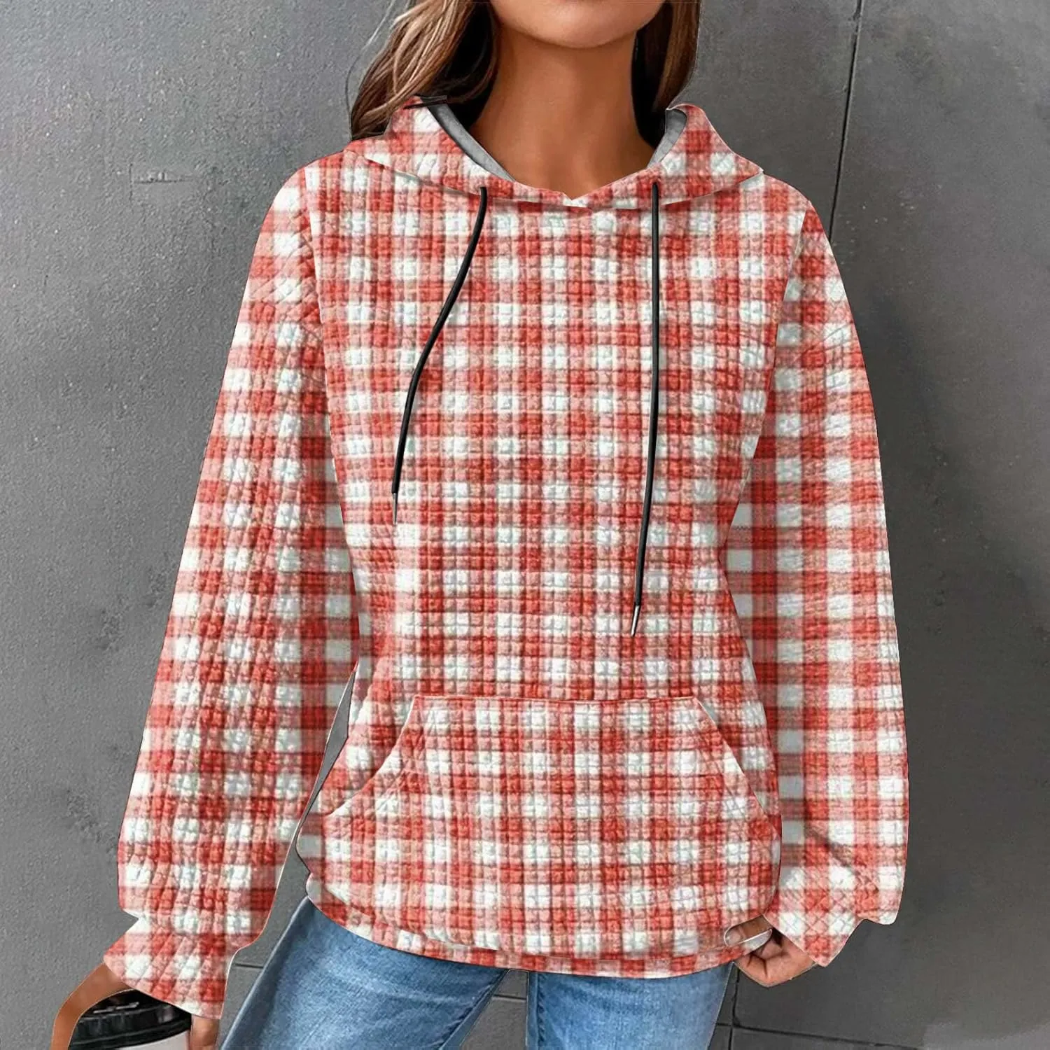 Womens Oversized Crewneck Sweatshirt Hooded Hoodie Long Sleeve Drawstring Waffle Pullover Trendy Shirts With Pocket