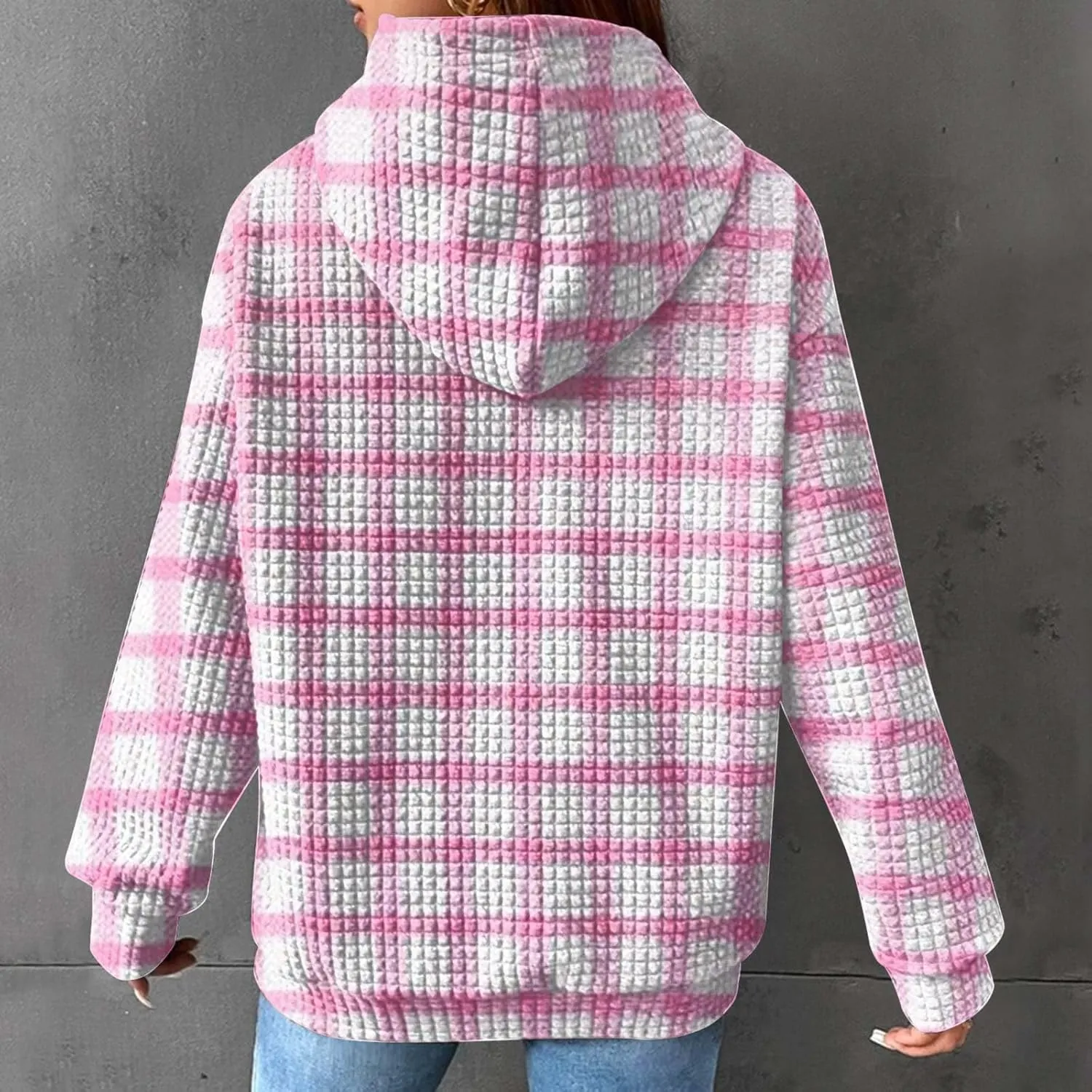 Womens Oversized Crewneck Sweatshirt Hooded Hoodie Long Sleeve Drawstring Waffle Pullover Trendy Shirts With Pocket