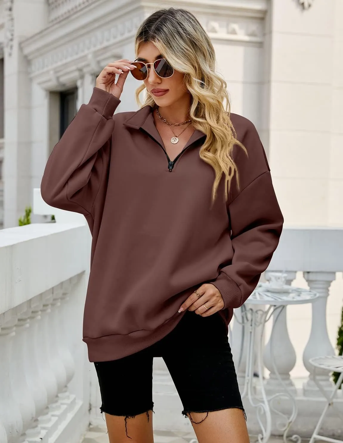Womens Oversized Half Zip Pullover Quarter Zip Hoodie Lapel Neck Long Sleeve Sweatshirts Teen Girls Trendy Clothes