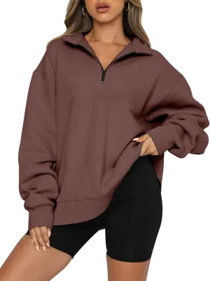 Womens Oversized Half Zip Pullover Quarter Zip Hoodie Lapel Neck Long Sleeve Sweatshirts Teen Girls Trendy Clothes