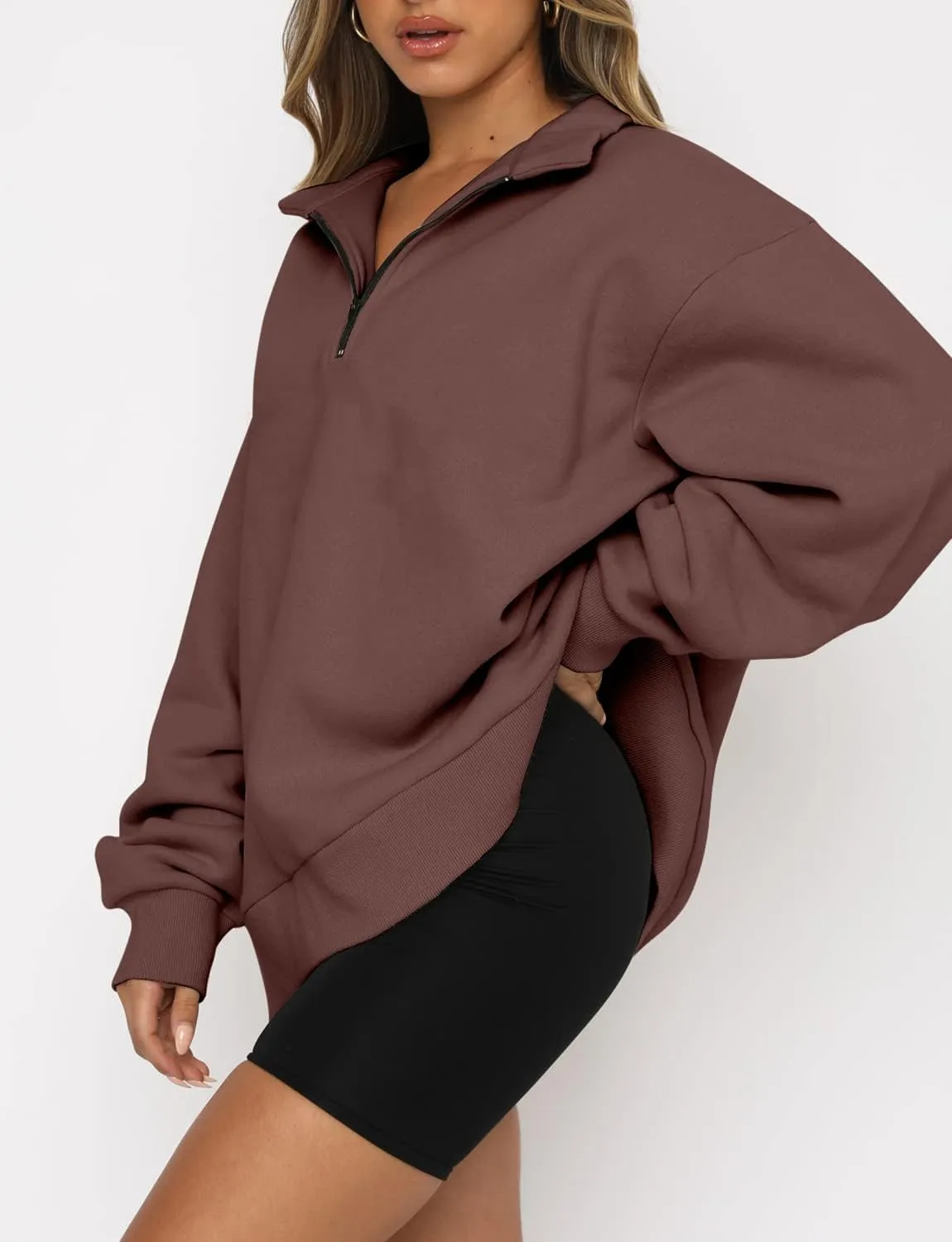 Womens Oversized Half Zip Pullover Quarter Zip Hoodie Lapel Neck Long Sleeve Sweatshirts Teen Girls Trendy Clothes