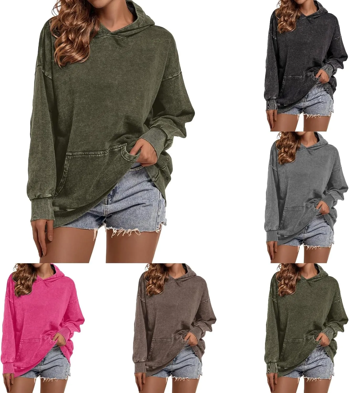 Women's Oversized Vintage Hooded Sweatshirts Acid Wash Loose Fit Baggy Trendy Casual Pullover Hoodies 2024