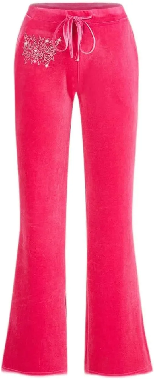 Women's Pants Rhinestone Drawstring Waist Velvet Flare Leg Pants Pant for Women