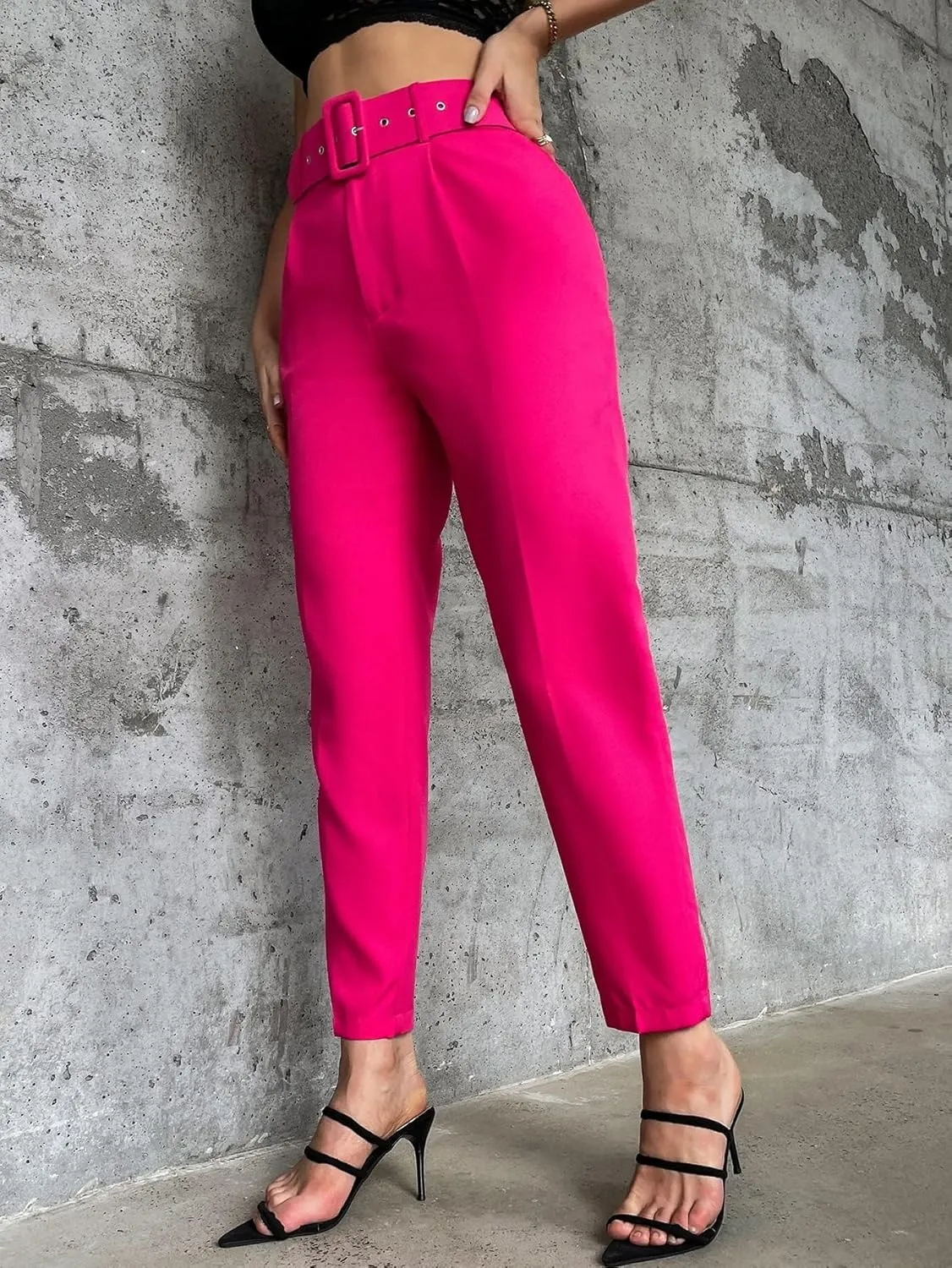 Women's Pants Solid Belted Tapered Pants Pant for Women