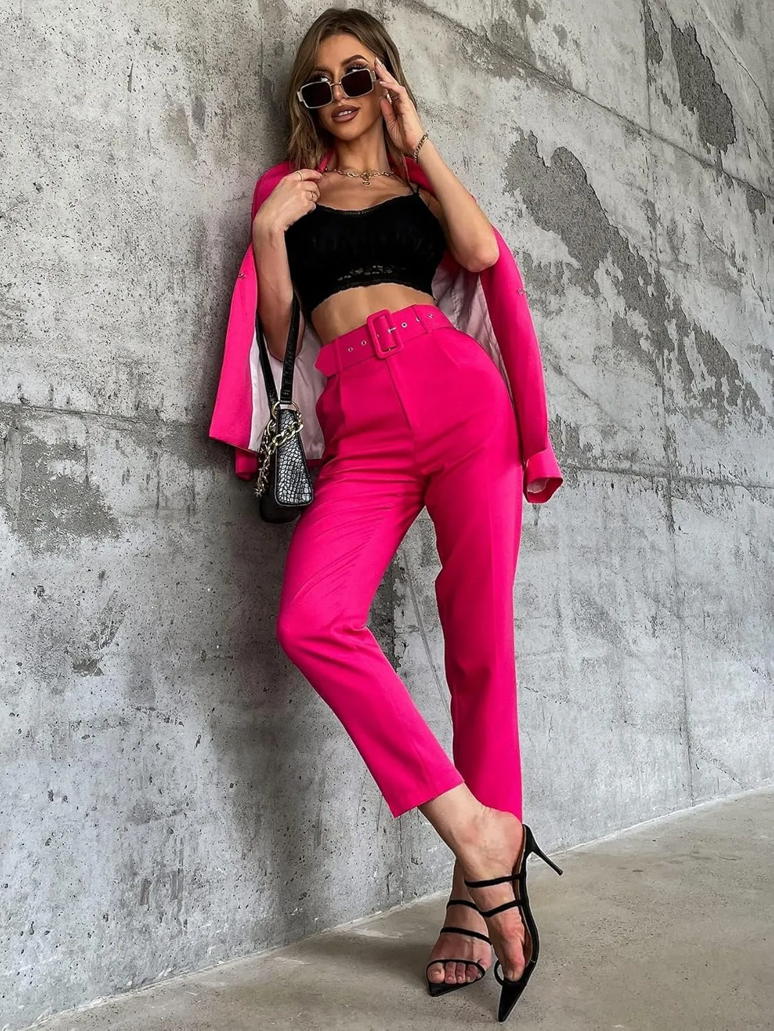 Women's Pants Solid Belted Tapered Pants Pant for Women