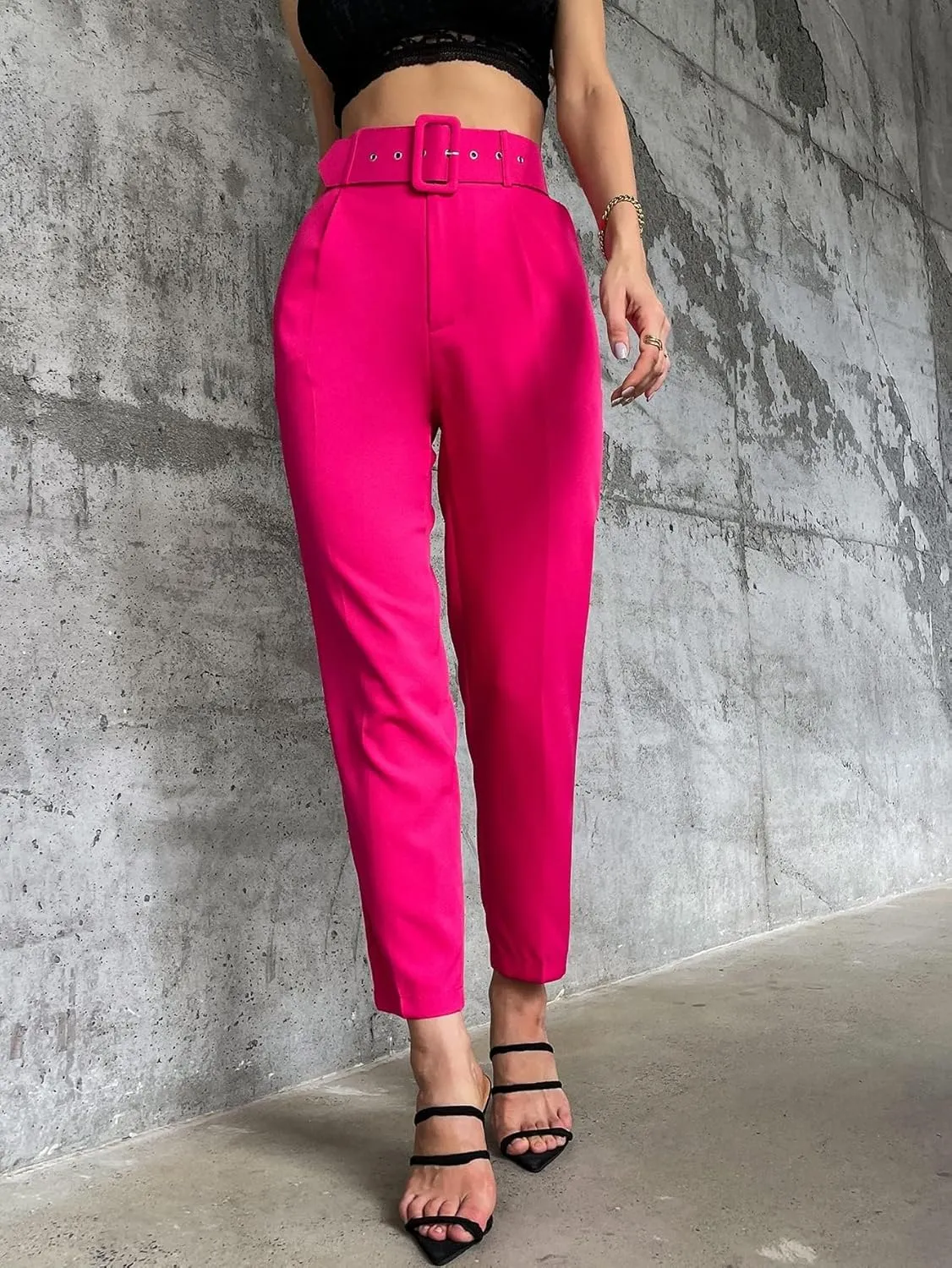 Women's Pants Solid Belted Tapered Pants Pant for Women