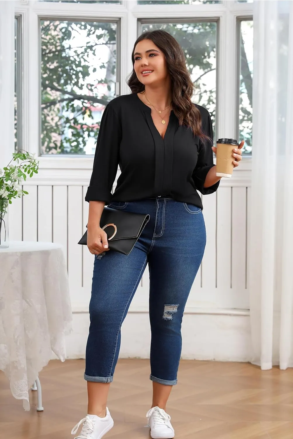 Women's Plus Size Tops V Neck Pleated Front Shirts Trendy Casual Business Tunic Long Sleeves Fall Blouse