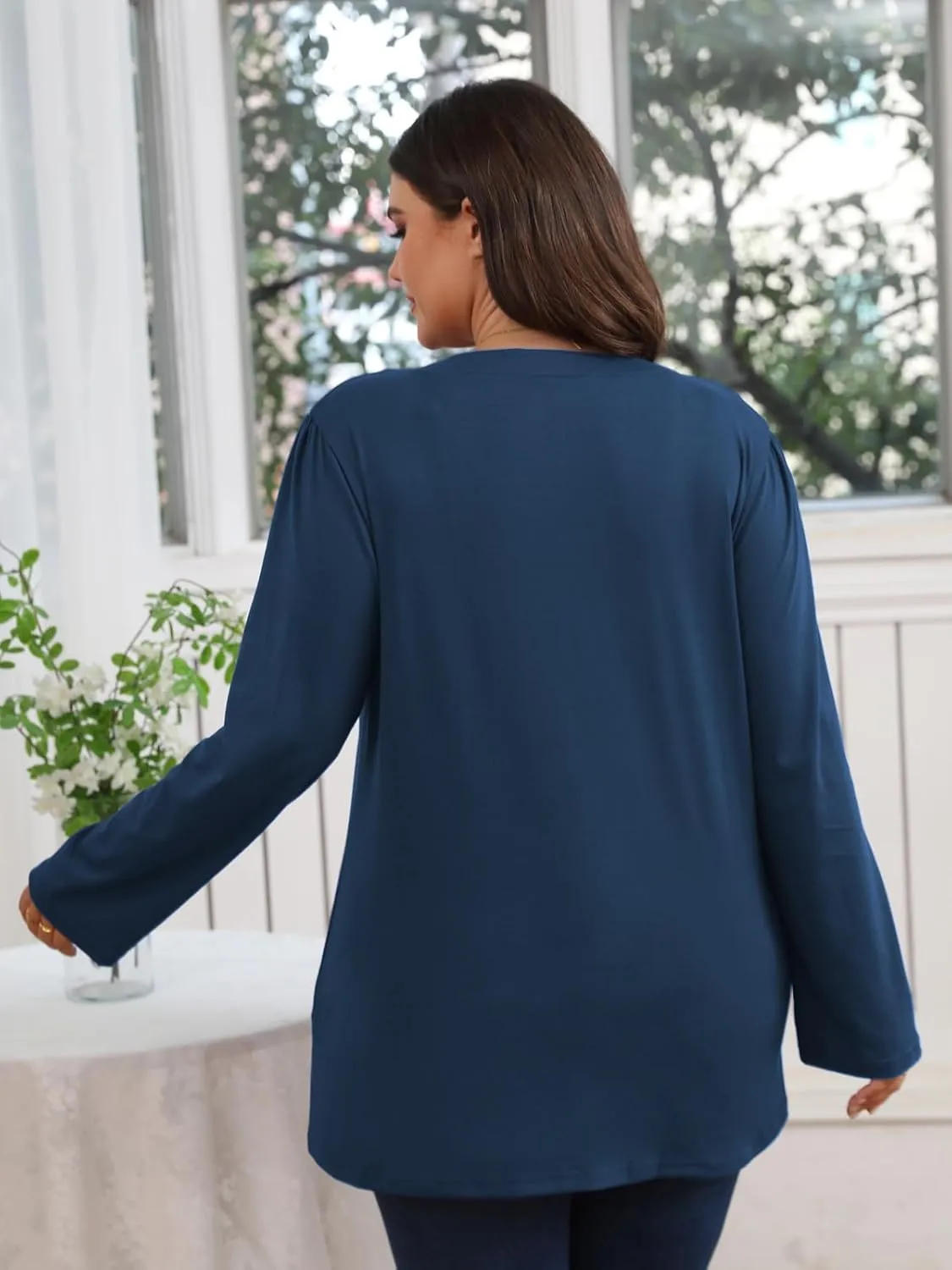 Women's Plus Size Tops V Neck Pleated Front Shirts Trendy Casual Business Tunic Long Sleeves Fall Blouse