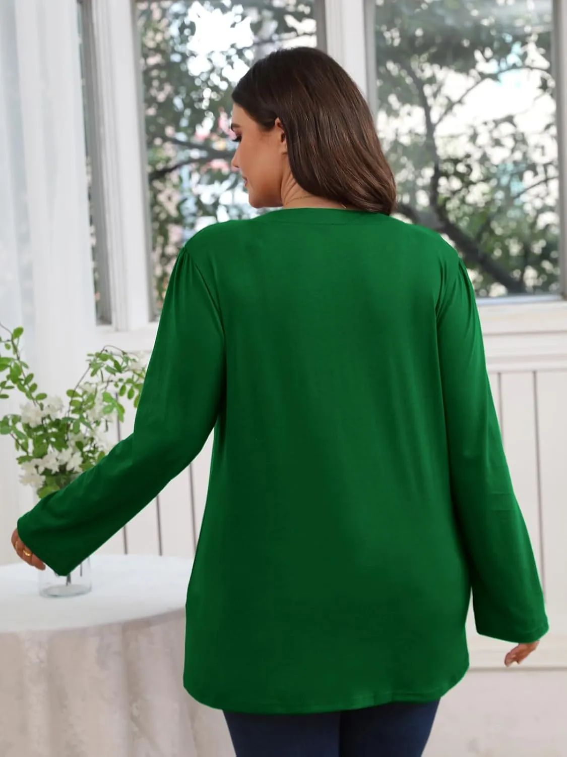 Women's Plus Size Tops V Neck Pleated Front Shirts Trendy Casual Business Tunic Long Sleeves Fall Blouse