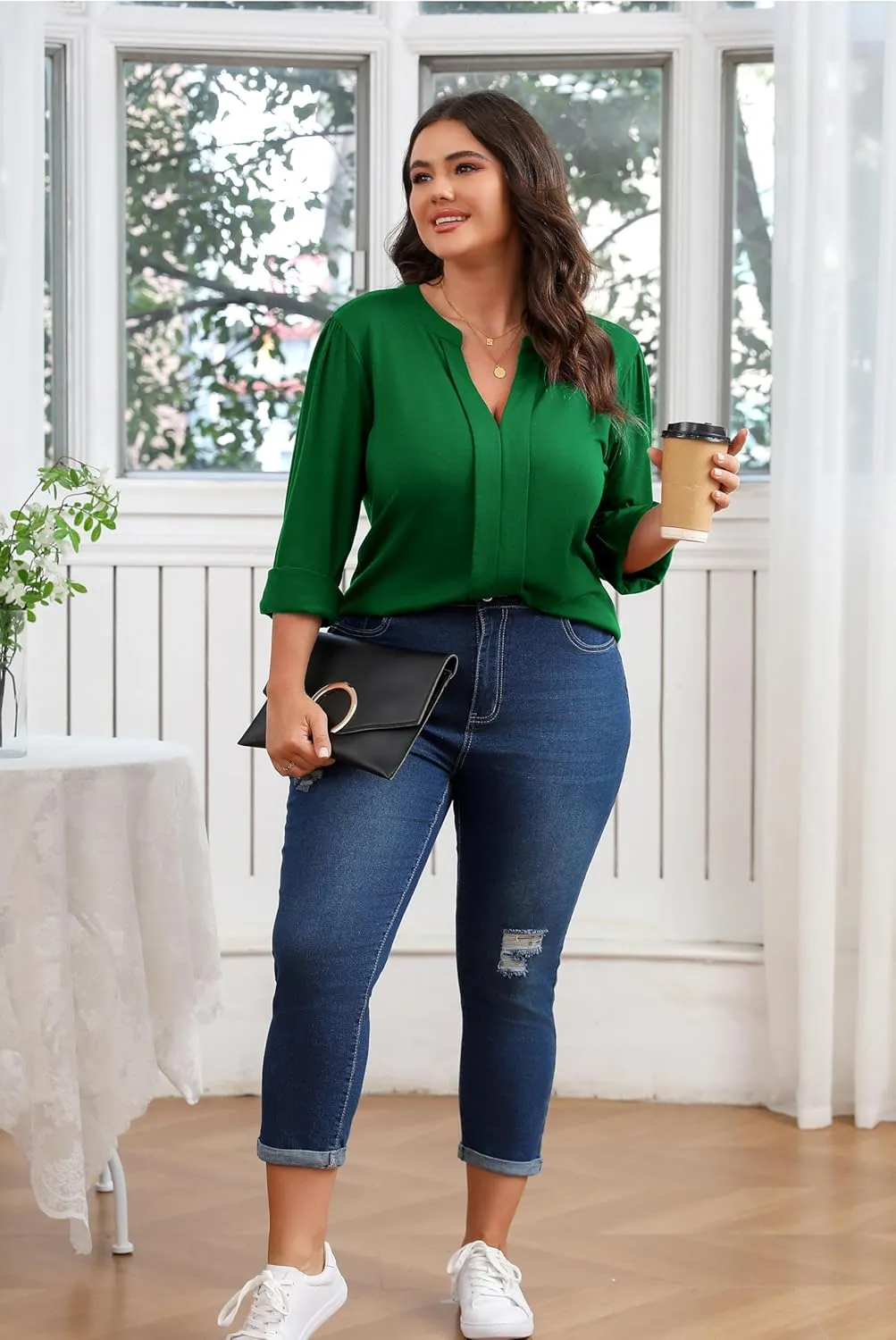Women's Plus Size Tops V Neck Pleated Front Shirts Trendy Casual Business Tunic Long Sleeves Fall Blouse