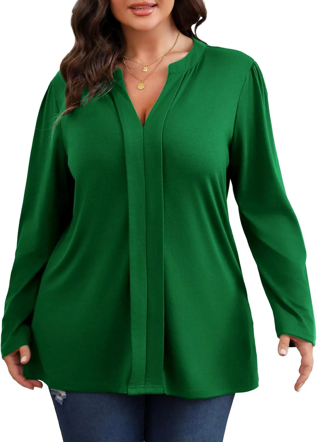 Women's Plus Size Tops V Neck Pleated Front Shirts Trendy Casual Business Tunic Long Sleeves Fall Blouse