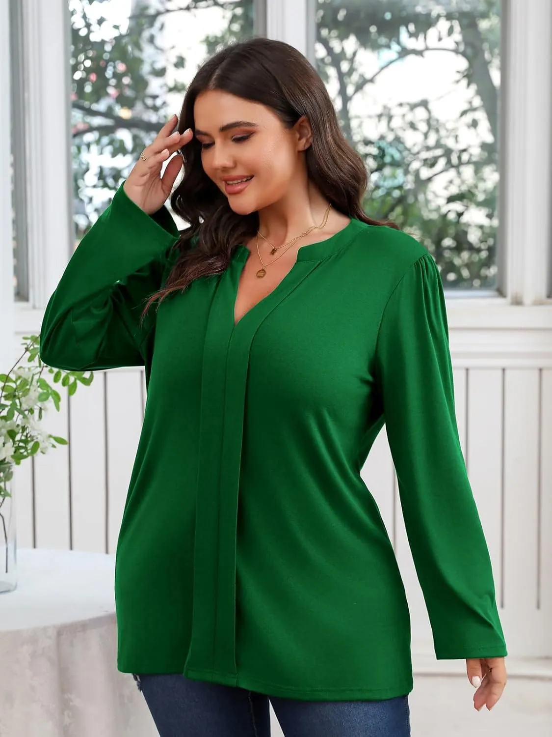 Women's Plus Size Tops V Neck Pleated Front Shirts Trendy Casual Business Tunic Long Sleeves Fall Blouse