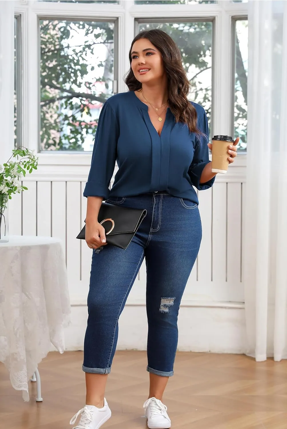 Women's Plus Size Tops V Neck Pleated Front Shirts Trendy Casual Business Tunic Long Sleeves Fall Blouse