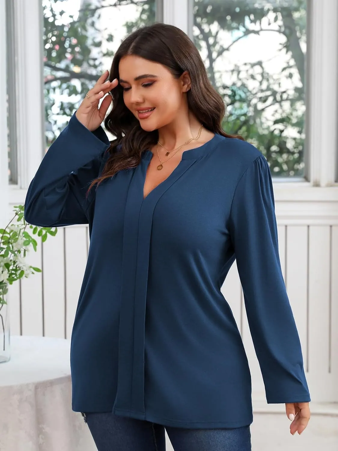 Women's Plus Size Tops V Neck Pleated Front Shirts Trendy Casual Business Tunic Long Sleeves Fall Blouse