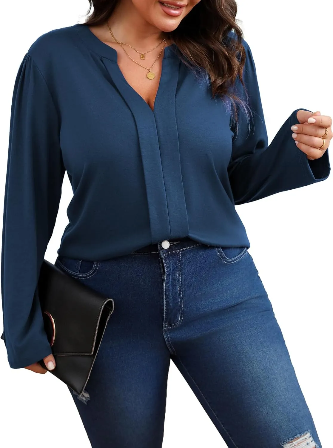 Women's Plus Size Tops V Neck Pleated Front Shirts Trendy Casual Business Tunic Long Sleeves Fall Blouse