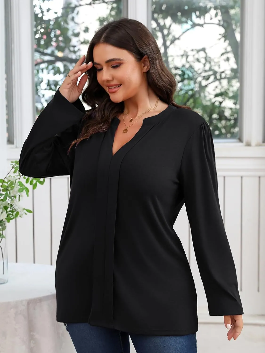 Women's Plus Size Tops V Neck Pleated Front Shirts Trendy Casual Business Tunic Long Sleeves Fall Blouse