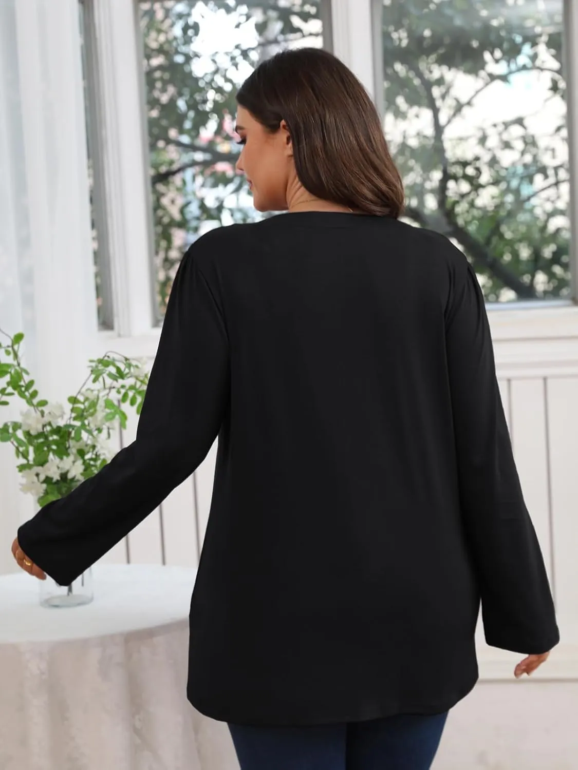 Women's Plus Size Tops V Neck Pleated Front Shirts Trendy Casual Business Tunic Long Sleeves Fall Blouse