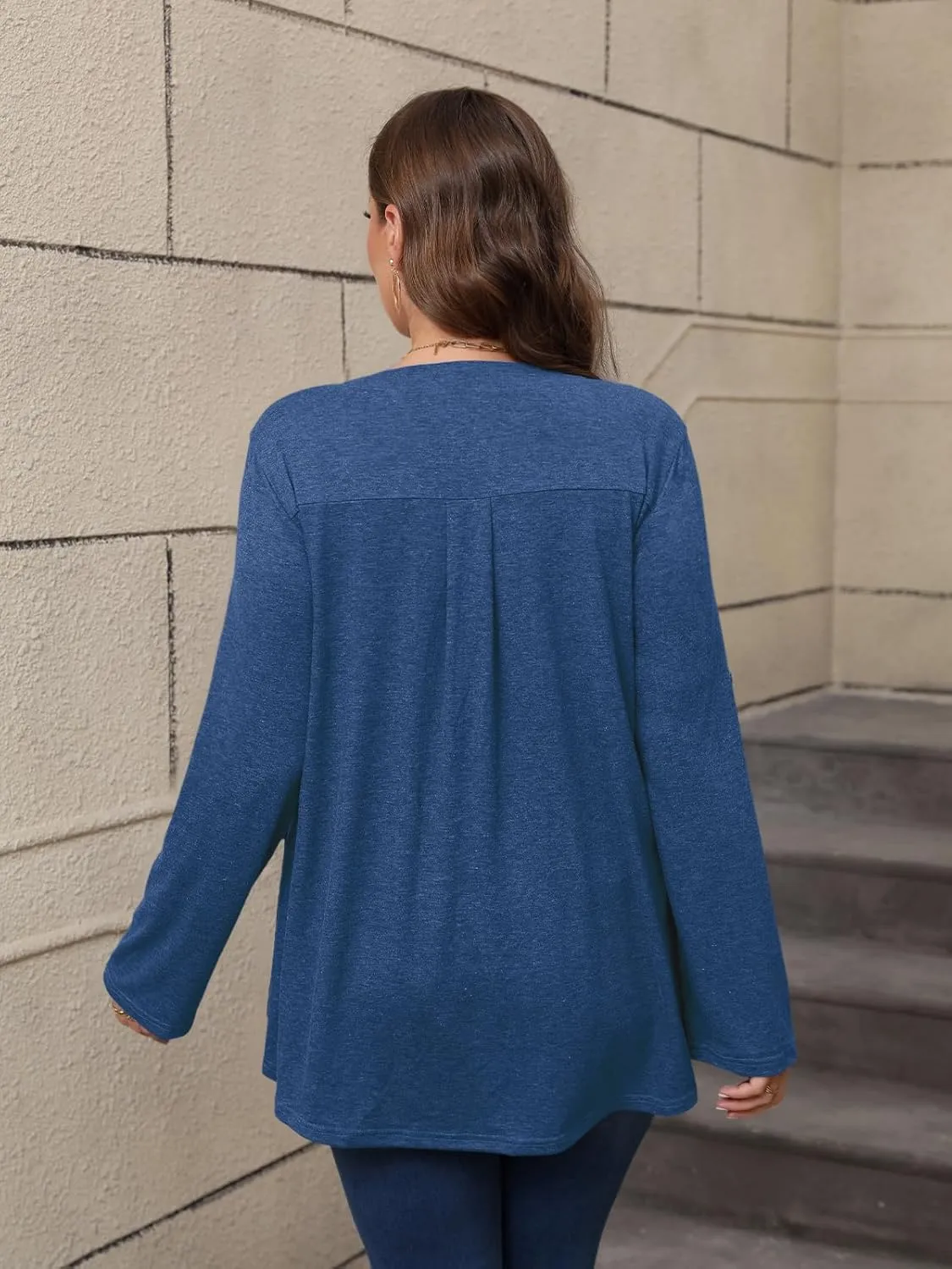 Women's Plus Size Tops V Neck Roll Up 3/4 Sleeve Tunic Pleated Casual Shirts Trendy Dressy Flowy Going Out Blouse