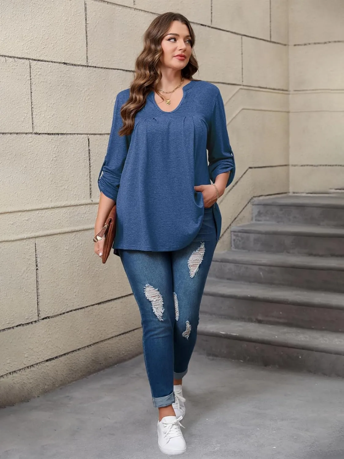 Women's Plus Size Tops V Neck Roll Up 3/4 Sleeve Tunic Pleated Casual Shirts Trendy Dressy Flowy Going Out Blouse