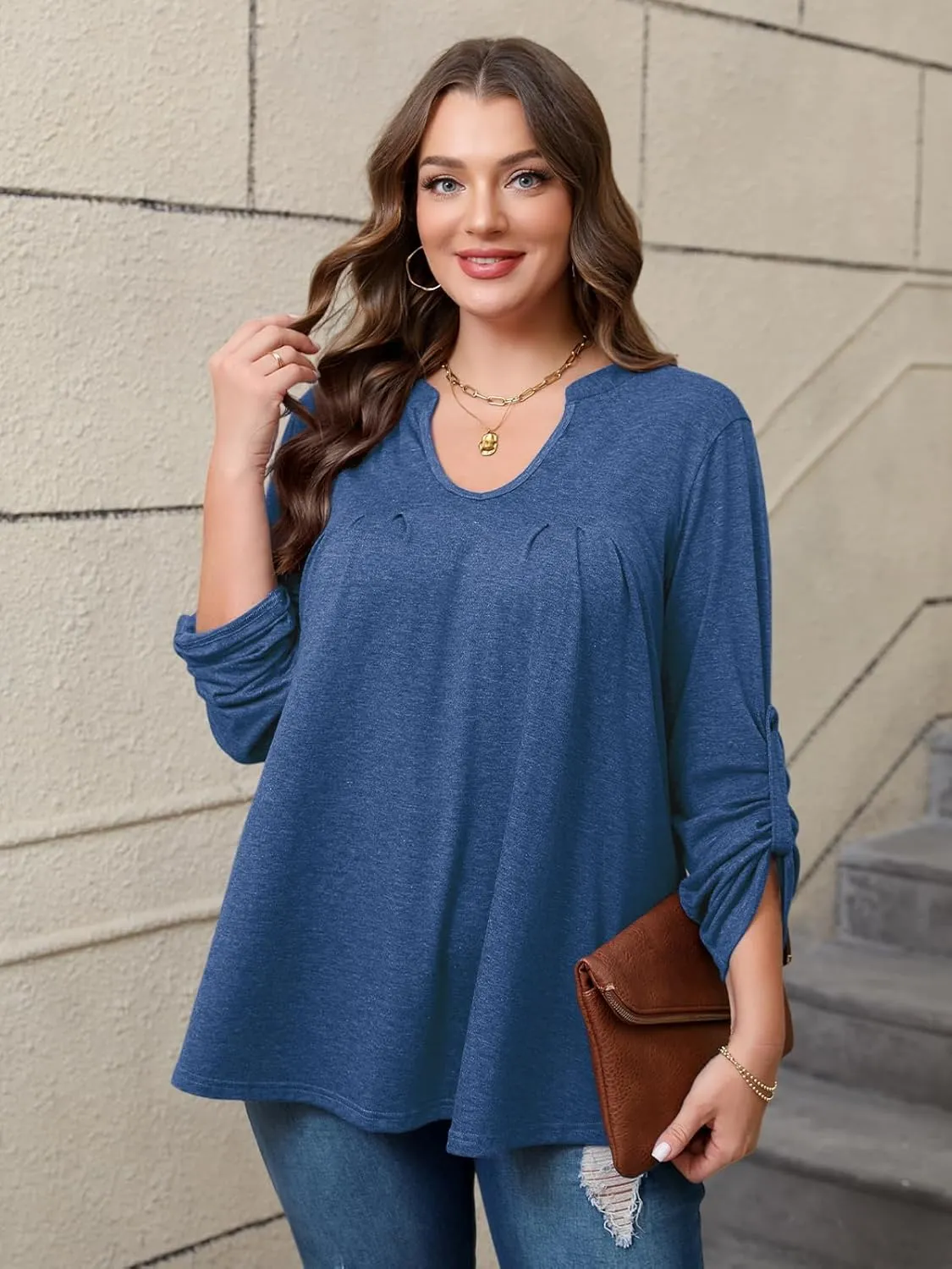 Women's Plus Size Tops V Neck Roll Up 3/4 Sleeve Tunic Pleated Casual Shirts Trendy Dressy Flowy Going Out Blouse