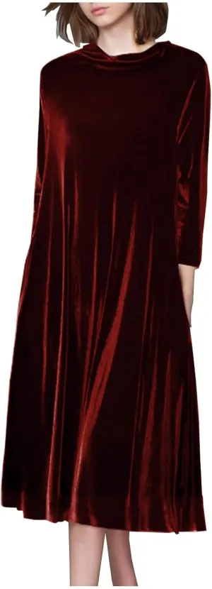 Womens Plus Size Velvet Dress Dressy Elegant Luxury Party Club Long Sleeve Round Neck Wedding Guest Midi Dresses