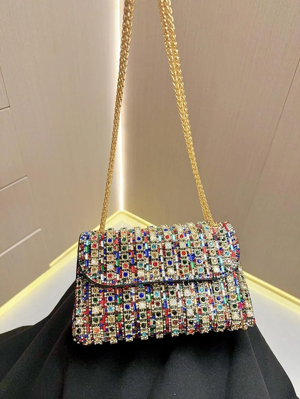 Women's Rhinestone Decorated Evening Bag, Rhinestone Clutch with Chain, Elegant Rhinestone Crossbody Purse