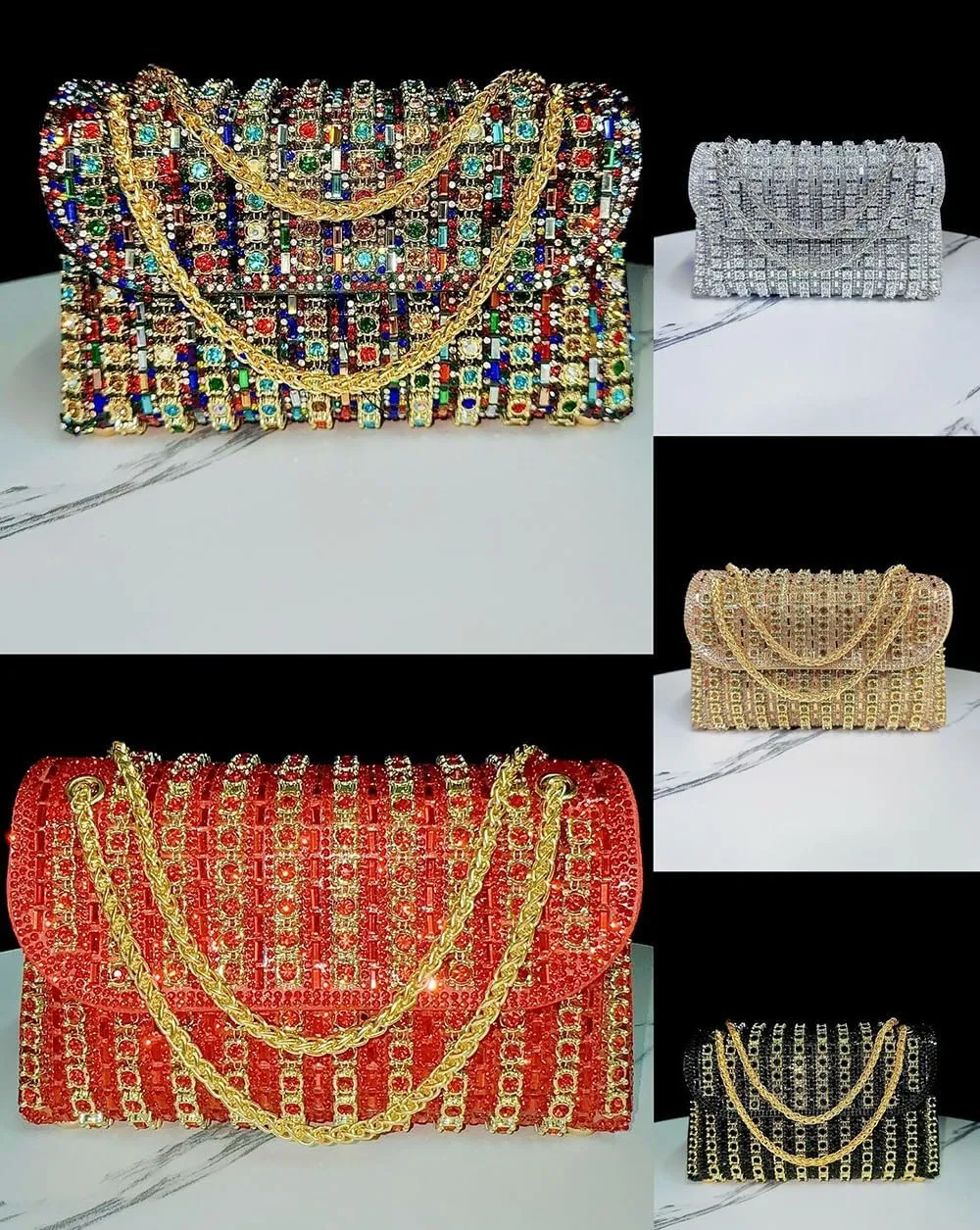 Women's Rhinestone Decorated Evening Bag, Rhinestone Clutch with Chain, Elegant Rhinestone Crossbody Purse