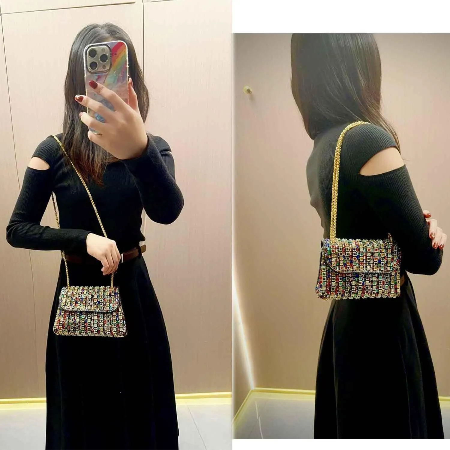 Women's Rhinestone Decorated Evening Bag, Rhinestone Clutch with Chain, Elegant Rhinestone Crossbody Purse