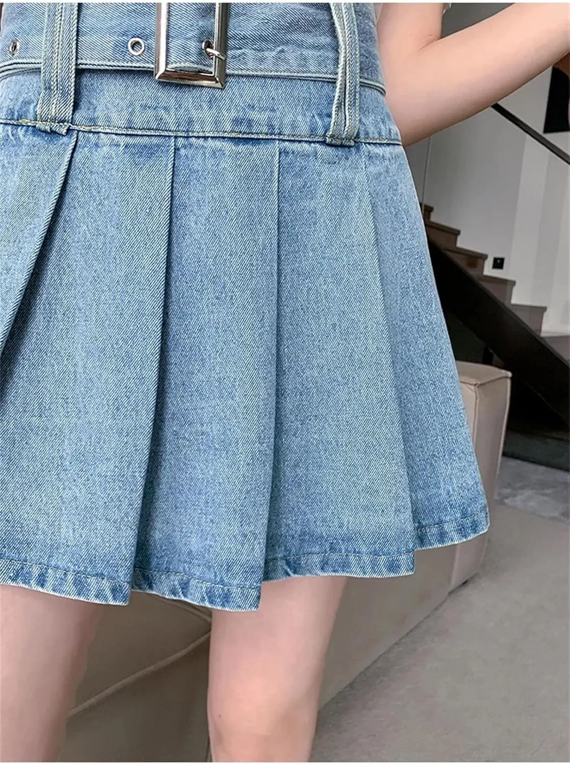 Women's Ruffled Pleated Denim Mini Skirt Summer High-Waisted Slimming Jeans Skirt