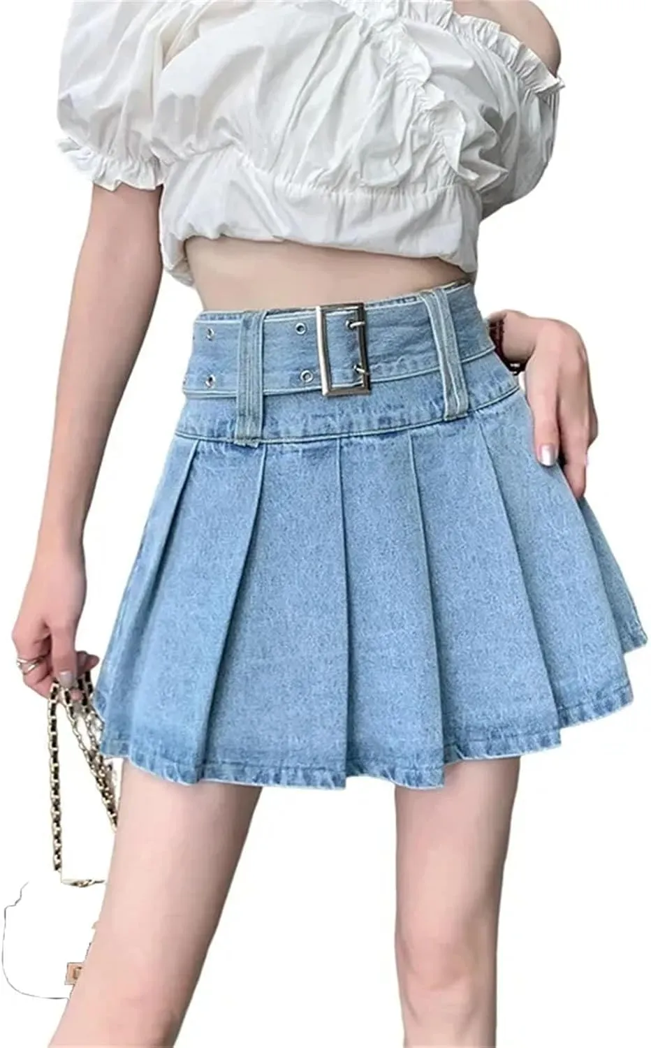 Women's Ruffled Pleated Denim Mini Skirt Summer High-Waisted Slimming Jeans Skirt