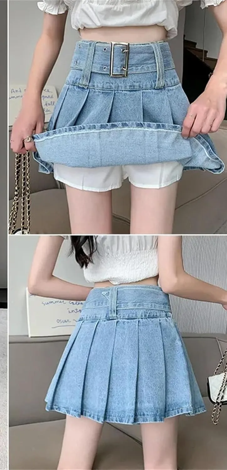 Women's Ruffled Pleated Denim Mini Skirt Summer High-Waisted Slimming Jeans Skirt