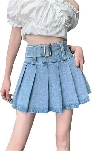 Women's Ruffled Pleated Denim Mini Skirt Summer High-Waisted Slimming Jeans Skirt