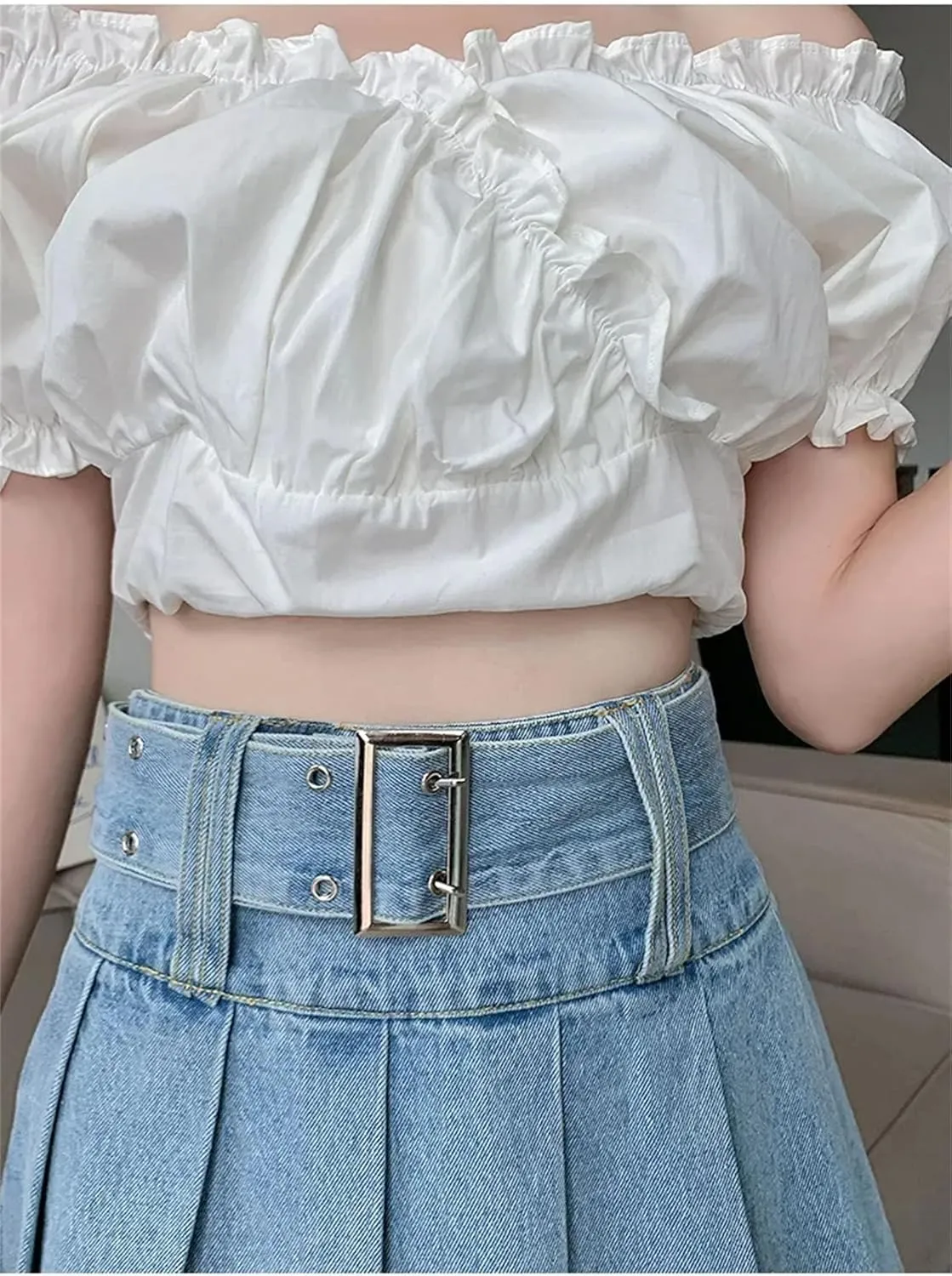 Women's Ruffled Pleated Denim Mini Skirt Summer High-Waisted Slimming Jeans Skirt