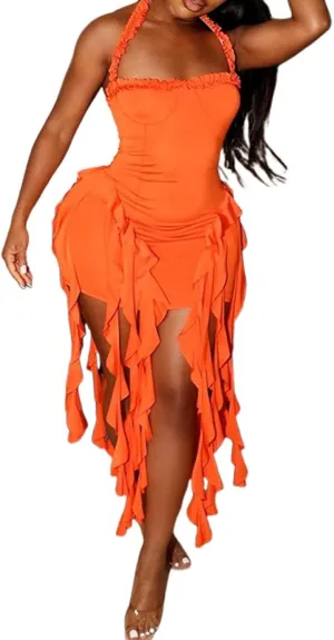 Women's Sexy Halter Neck Tassels Ruffle Backless Bodycon Mini Dress Sleeveless Backless Hem Party Short Dresses