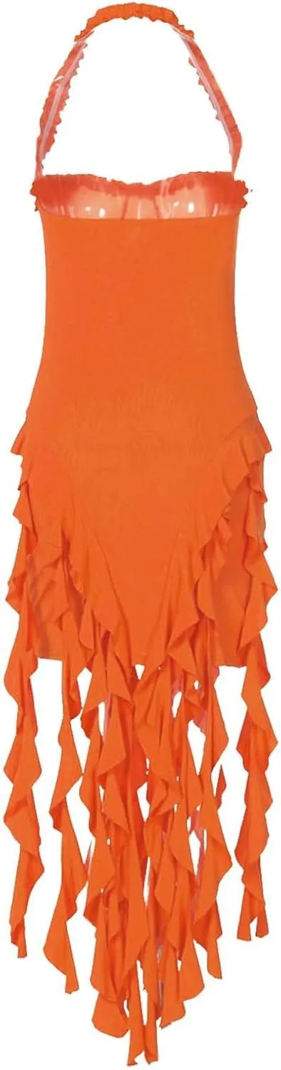 Women's Sexy Halter Neck Tassels Ruffle Backless Bodycon Mini Dress Sleeveless Backless Hem Party Short Dresses