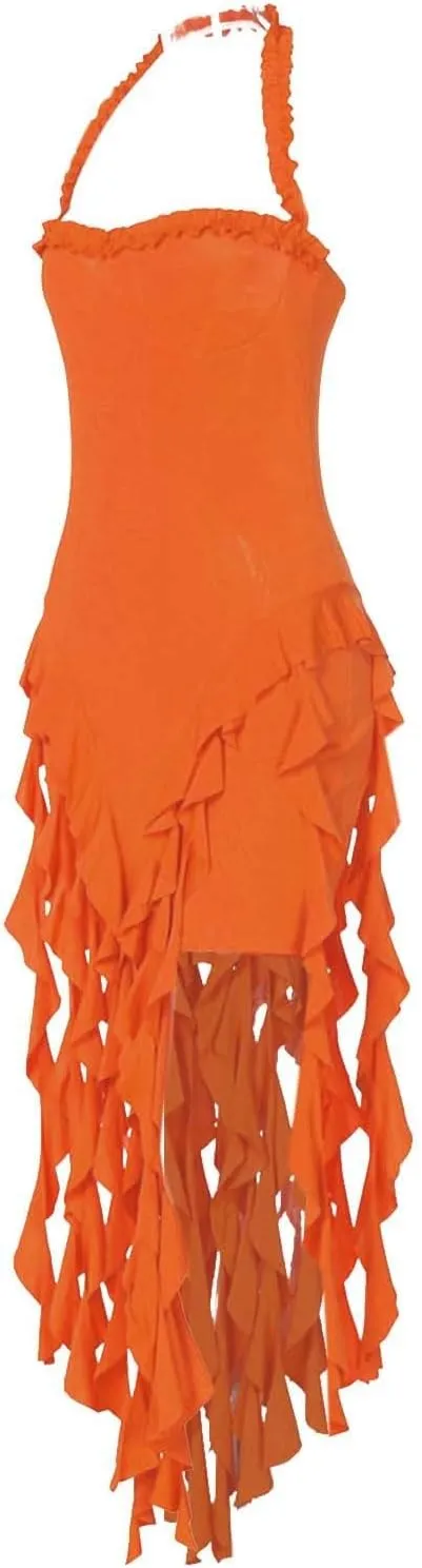 Women's Sexy Halter Neck Tassels Ruffle Backless Bodycon Mini Dress Sleeveless Backless Hem Party Short Dresses