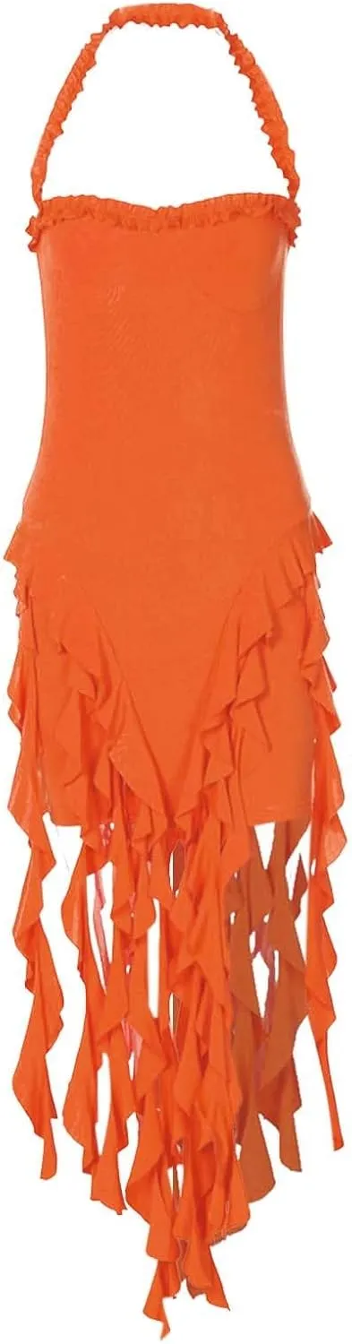 Women's Sexy Halter Neck Tassels Ruffle Backless Bodycon Mini Dress Sleeveless Backless Hem Party Short Dresses