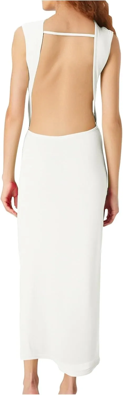 Women's Sexy Plunging V Neck Maxi Dress Elegant Ruched Twist Knot Bodycon High Slit Backless Cocktail Party Dresses
